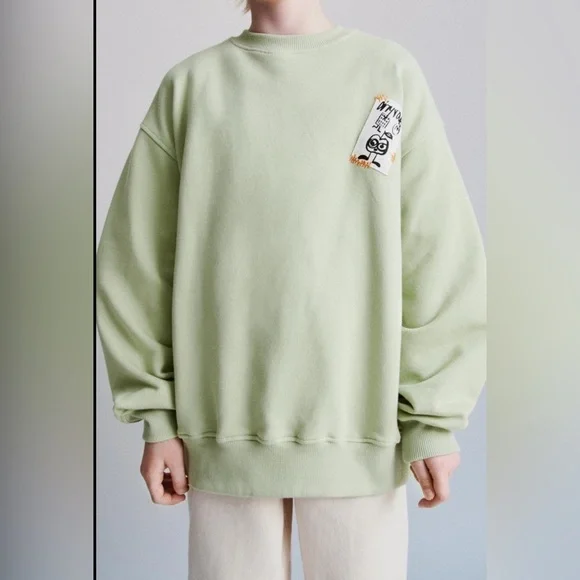 Zara Kids Oversized Sweatshirt Uptown NY Patch Green Sz 11-12
