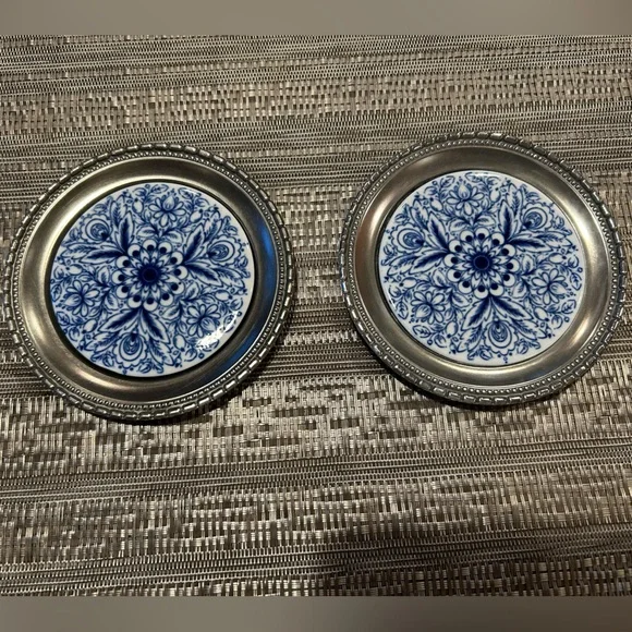 Handcast Pewter&Tile Coasters 4” Blue Porcelain Inlay. Set of 2 Made in Holland
