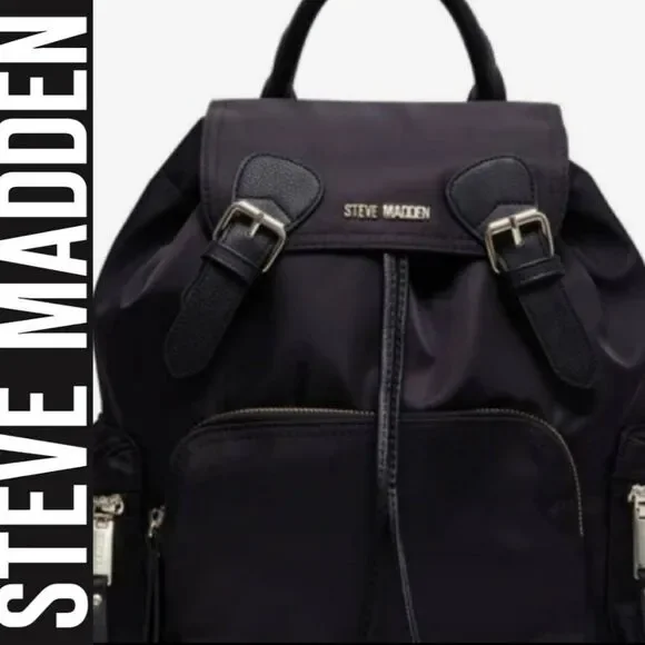 Steve Madden BSolly‎ Nylon Logo Strap Backpack- Black/White