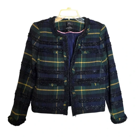 J. Crew Lady Jacket in Lurex Black Watch Plaid Size 2 AE993 xs green yellow blue