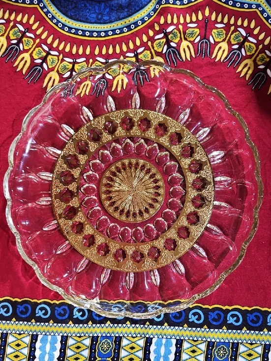 VTG Culver Valencia Glass & 22k Gold Filigree Serving Platter/Cake Plate
