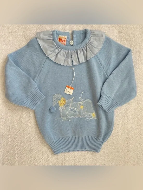 Tricots VIP’s First Quality Vintage Clown Appliqué Sweater Ruffle Collar NWT