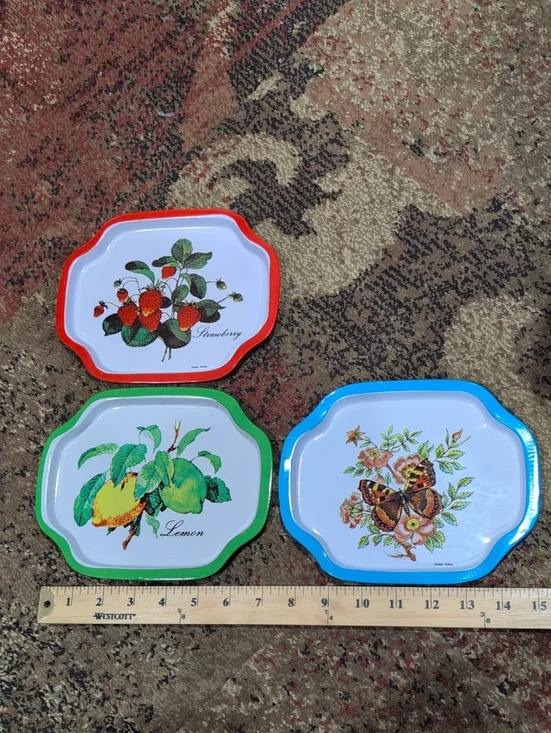 Set of 3 Decorative Fruit & Floral Metal Serving Trays (Red, Green, Blue) Small