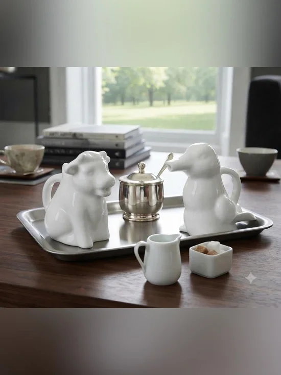 Set of small White Ceramic Animal Figurines creamer Duck and Cow