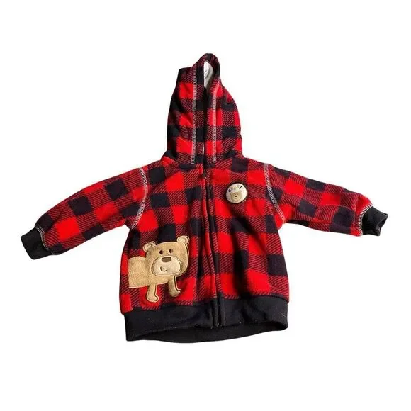Carter’s Buffalo Plaid Bear Fleece Zip Hoodie Jacket Red Black 3 Months Baby