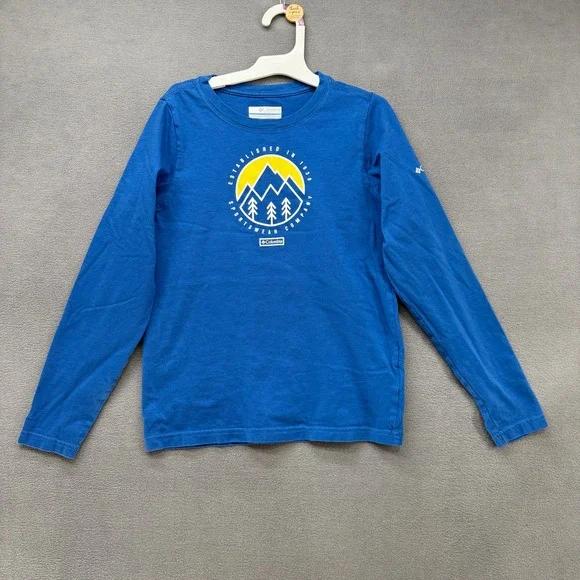 Columbia T-Shirt Size M 10/12 Kids Blue Mountain Graphic Long Sleeve