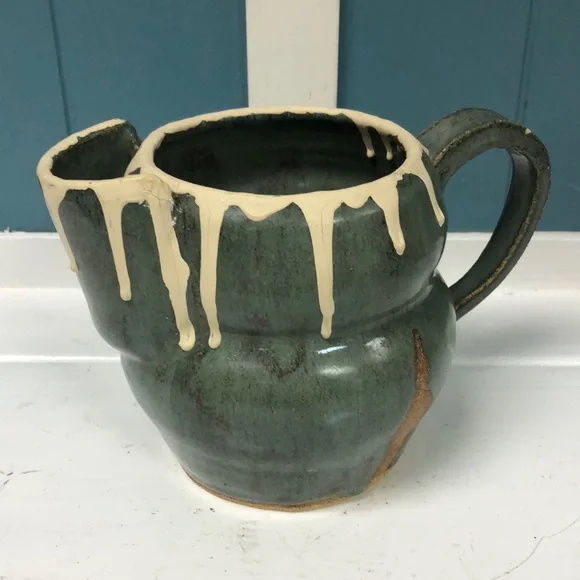 Vintage 5” handmade drip glaze heavy‎ stoneware creamer mug signed