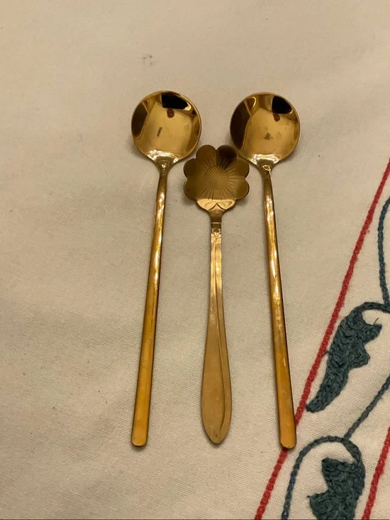 Set of 3 brass/ gold stainless entertaining spoons.  Perfect for dips and other.