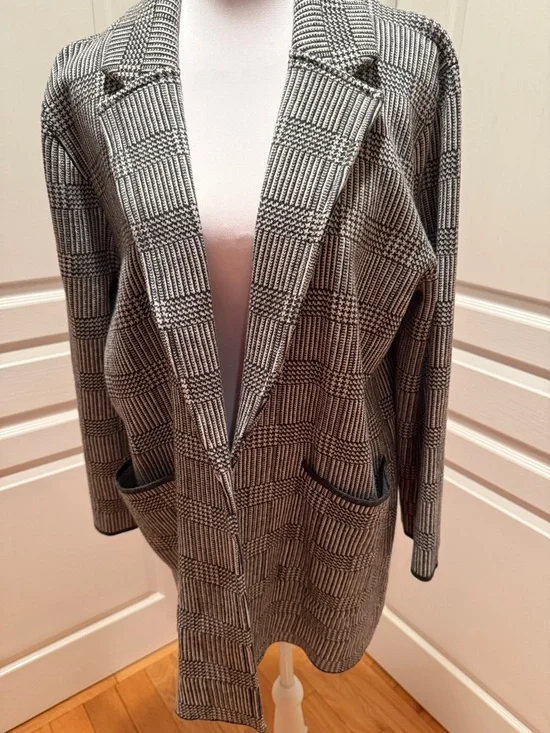 J. Crew Black and Gray Plaid Open-Front Knit Blazer