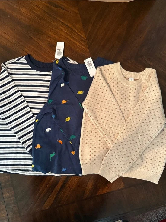 Kids Long-Sleeve Shirt Bundle - Navy Stripe, Navy Dino, Cream Pattern