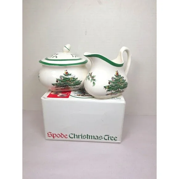 NIB Vintage Spode Christmas Tree Sugar & Creamer Set Made in England