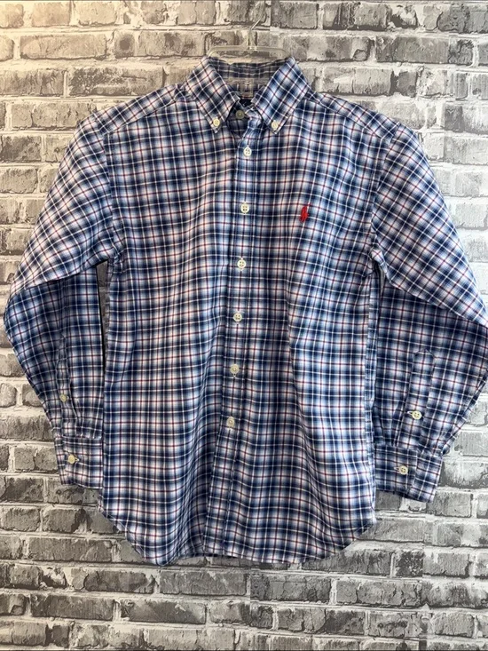 Ralph Lauren Blue and White Plaid Button-Down Shirt with Red Pony