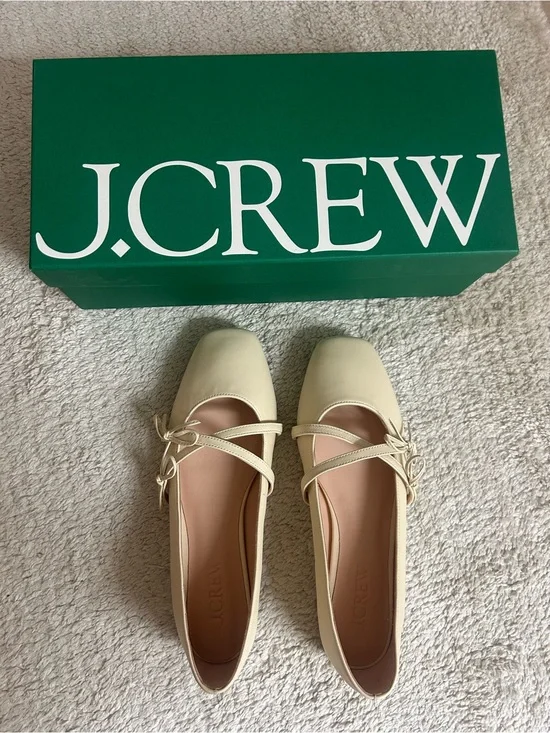 J.Crew Women's Cream Square-Toe Mary Jane Flats with Bows