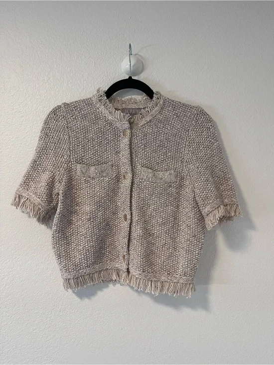 J. Crew Beige Fringe Short-Sleeve Knit Cardigan