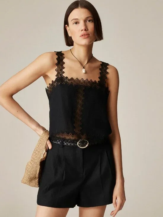 J. Crew | 2025 Stretch Linen Blend Black Lucia Pleated Shorts | Size  0
