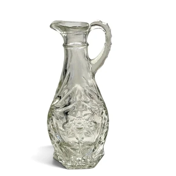Vintage Clear Pressed Glass Starburst Diamond Cruet Bottle with Handle 6.25