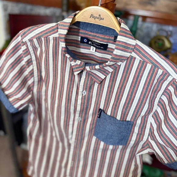 Ben Sherman Boys XL 18 Striped Short Sleeve Button Down Shirt Red‎ White Navy