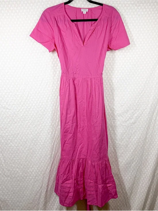 J. Crew Pink Tiered Short Sleeve Tie Waist Cotton Maxi Dress