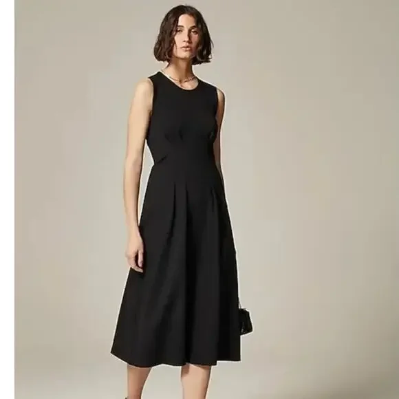 NWT J. Crew Pintuck Midi Dress in Stretch Twill Black CD361 Size 8