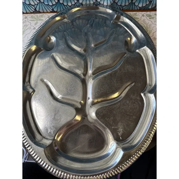 Vintage Stainless Steel Turkey Serving Tray With Drainage Tree Channels & Etched