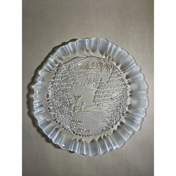 Mikasa Frosted Glass Serving Plate “Winter Dream” Deer/Cottage Scene Candy‎ Dish