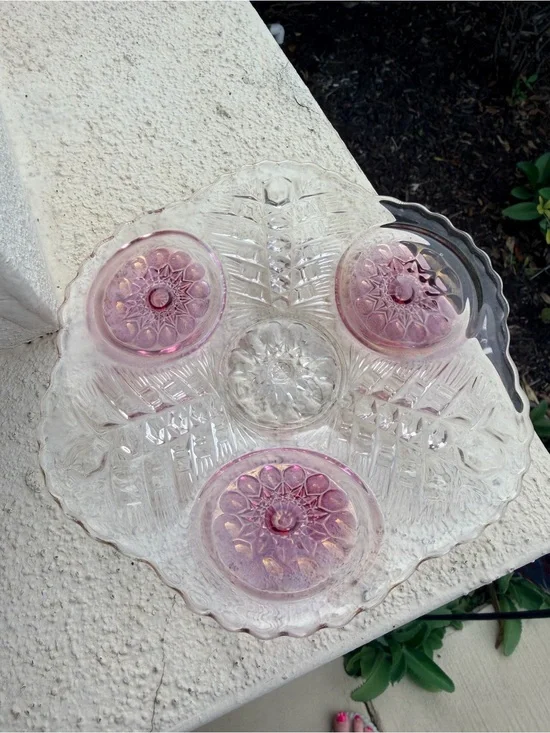 Vintage Hofbauer Byrdes Crystal Footed Cake Plate Pink Bird Medallions Germany