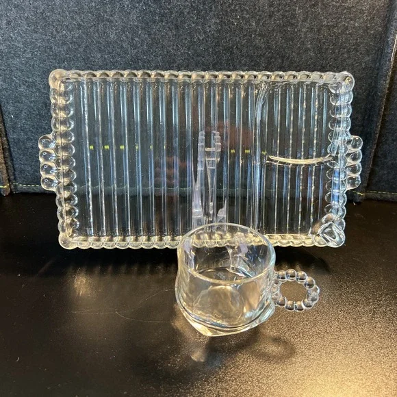 Vtg Party Snack Tray With Cup Sip Snack & Smoke Clear Crystal‎ Glass Hazel Atlas