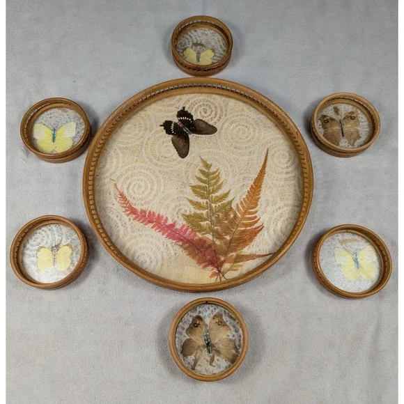 Vintage Bamboo Butterfly Serving Tray And‎ Coasters