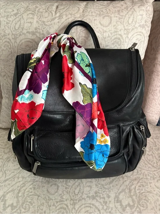 Wilsons Leather Black Leather Backpack with Colorful Floral Scarf
