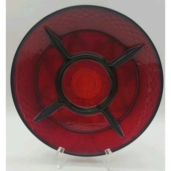 Vintage Arcoroc France Luminarc Ruby Red Glass Divided Relish Plate/Platter 10