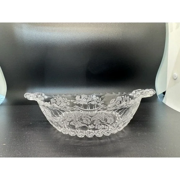 Vintage Clear Etched Glass Bowl Fruit Vegetable Serving Dish with‎ Handles