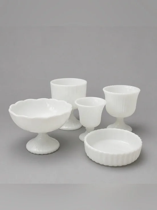 Milk Glass Pedestal Bowl & Compote Set 5 - White