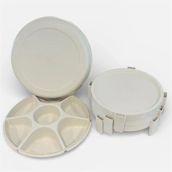 Vintage MCM Tupperware Divided‎ Party Tray w Lid & 3 Tier Stacking Stands Almond