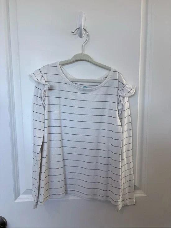3/$10 - Girls' White Striped Long Sleeve Top with Ruffle Shoulders