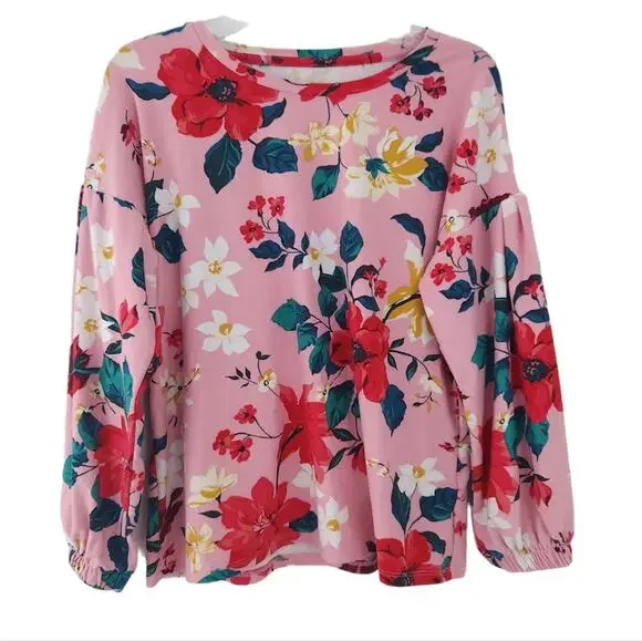 Old Navy Pink Floral Blouse Girls Large 10-12 Long Sleeve, Stretchy Casual Top