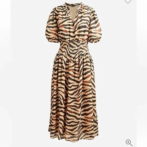 J. Crew Midi  Dress Women's Zebra Print Smocked Waist Short Sleeve Sz Small  NWT