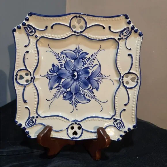 RCCL Hand Painted Square Plate Blue & White Floral Made In Portugal
