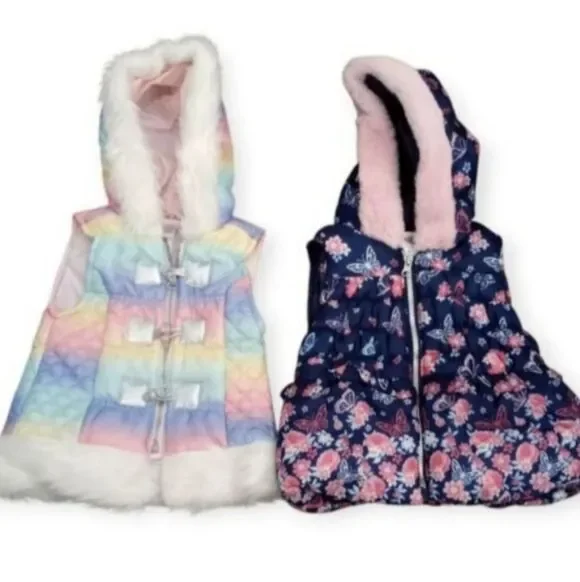 Little Lass Girls Rainbow & Navy Hooded Vests Faux Fur Trim Sz.2T Bundle EUC.