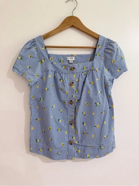 J.Crew Lemon Print Blue Stripe Square Neck Blouse XS