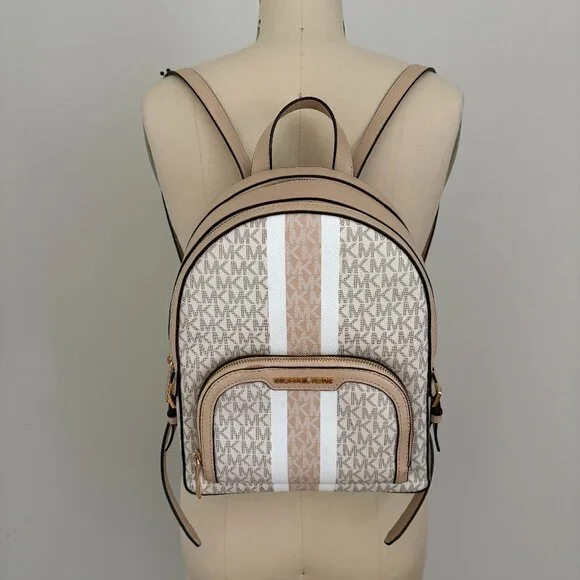 Michael Kors Jaycee Medium Backpack Vanilla Beige Coated Canvas Bag Quiet Luxury