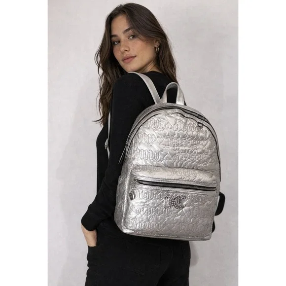 Juicy Couture Metallic Silver Quilted Logo‎ Backpack Rhinestone JC Heart Y2K NEW
