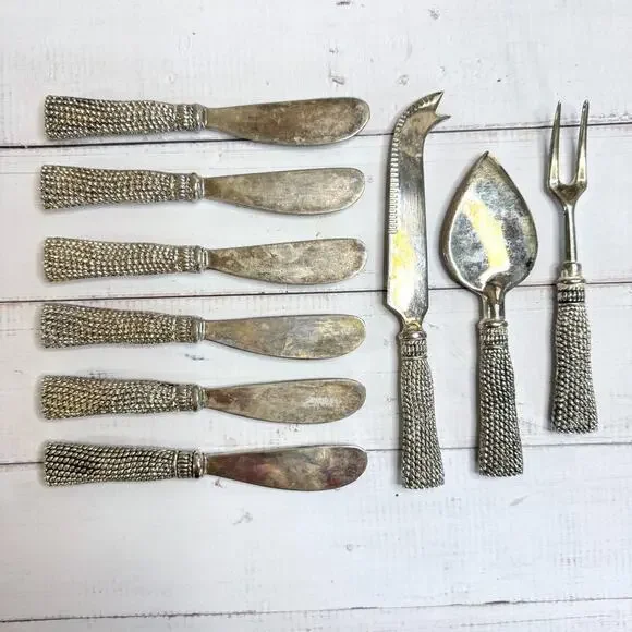 Vintage Silver Tone Hors D'Oeuvre Utensils Cheese Braided Tassel 9 Knife Servers