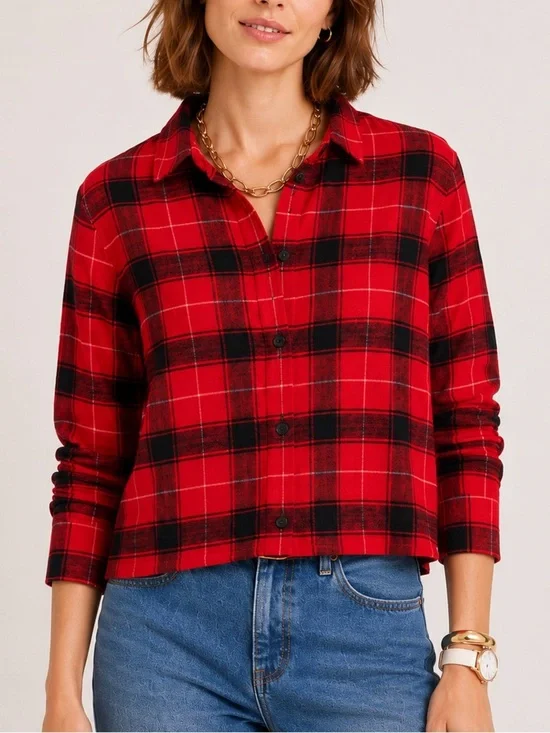 J.Crew Cropped Garçon Shirt Red Black Plaid Flannel Cotton Size 12