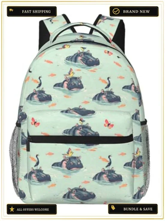 Whimsical Hippo Print Polyester Laptop Backpack Daypack with Padded Straps and