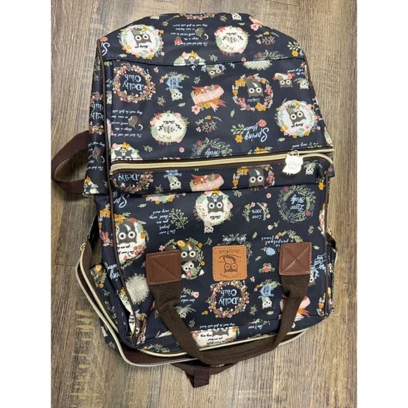 Dolly Club Taipei Taiwan Owl Floral Print Wide Frame Backpack Navy Blue‎ Kawaii