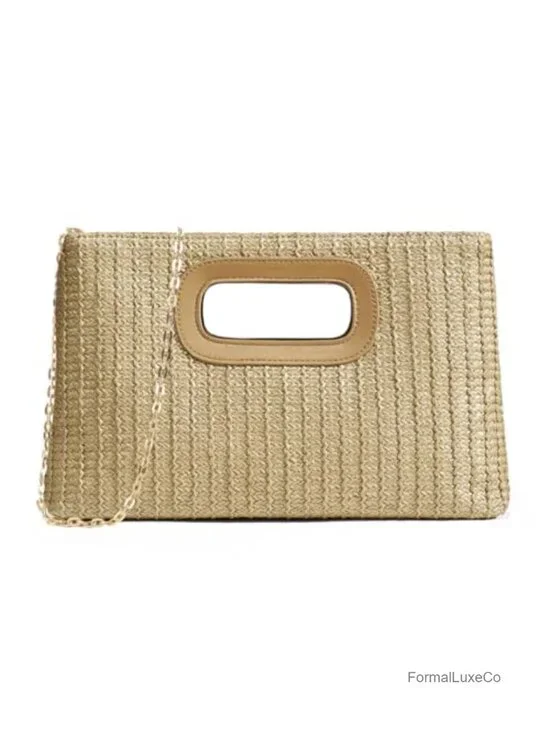 Woven Straw Top Handle Clutch Evening Bag Rhinestone Gold Chain