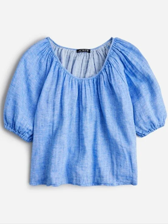 J. Crew Swingy Puff-Sleeve Top in Cotton-Linen Blend Gauze- XL