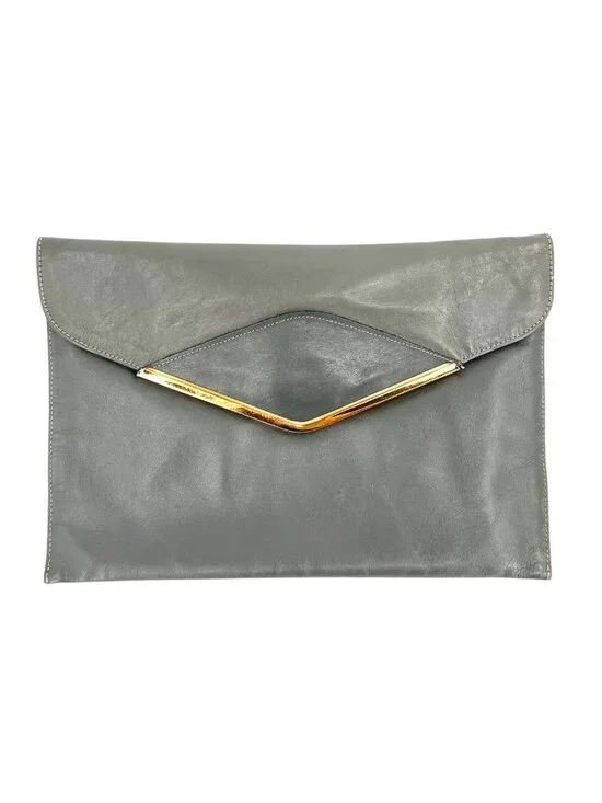 Phillipe 1970s Gray Leather Envelope Clutch Gold Trim Vintage Minimalist