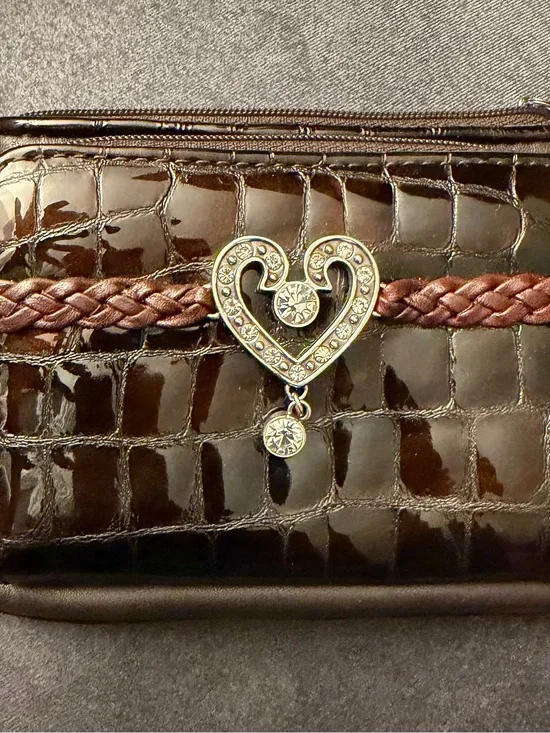 Braided Accent Patent Croc Wallet with Heart Charm - Brown