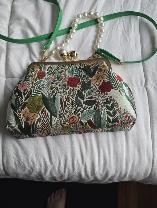 Source Unknown Floral Embroidered Clutch with Pearl Handle in Green
